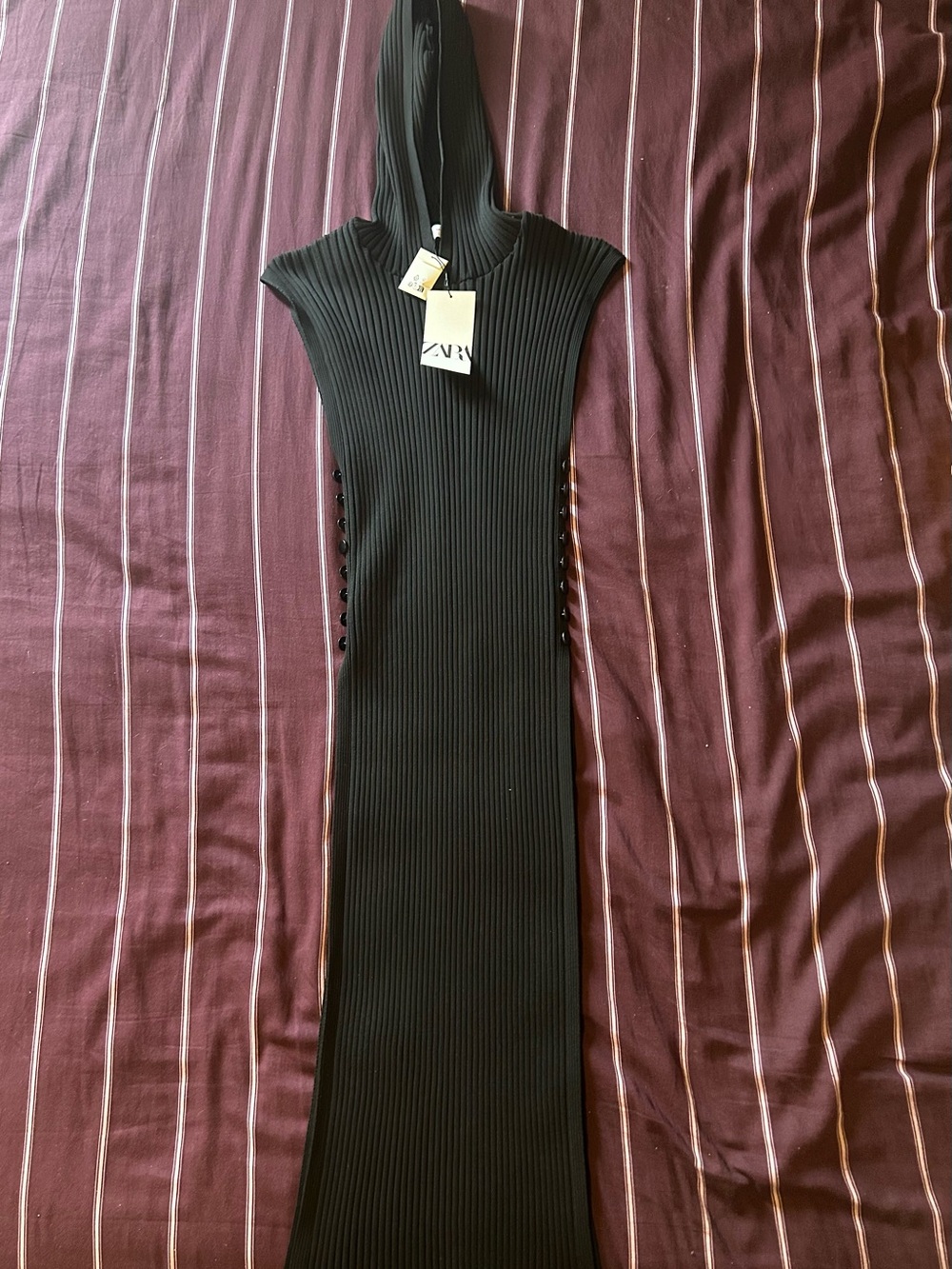 Zara Black Ribbed Hooded Maxi Dress with Side Button Detail